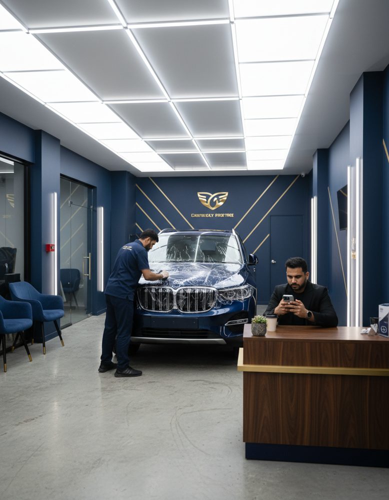 Car detailing studio with a technician applying paint protection film