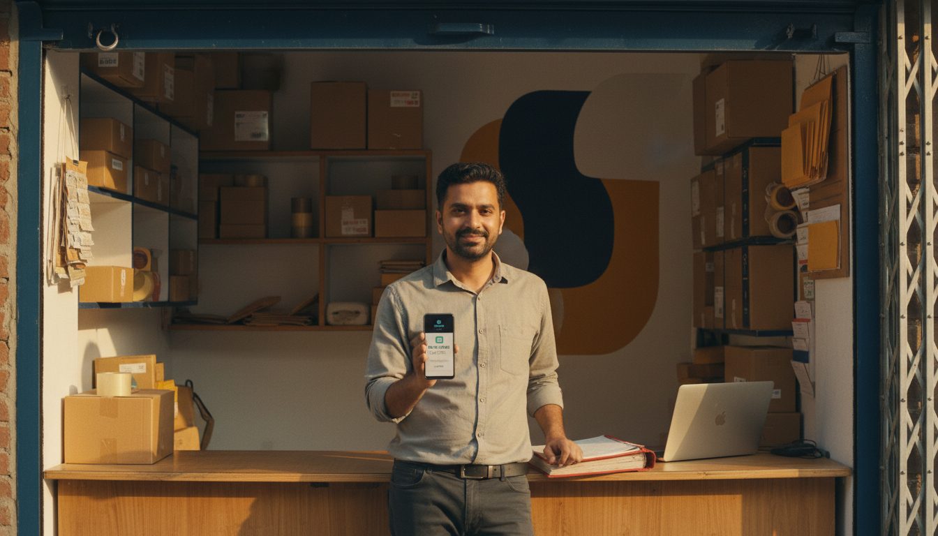 Courier shop owner at his counter holding a phone with a payment notification