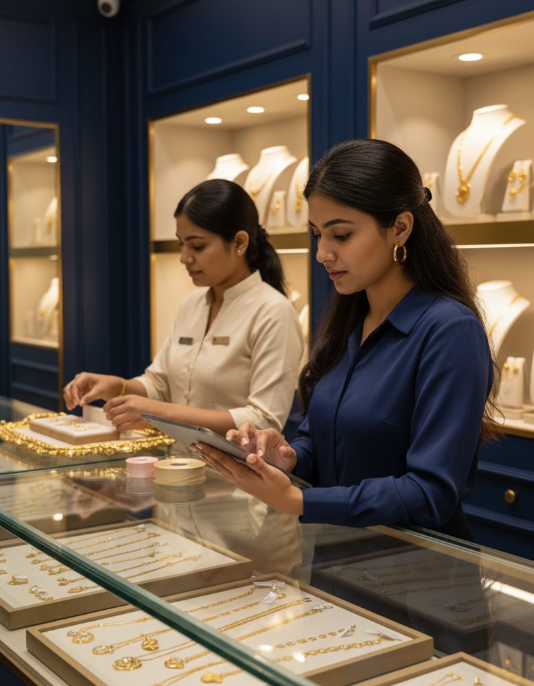 Jewellery boutique owner checking a tablet at the display counter
