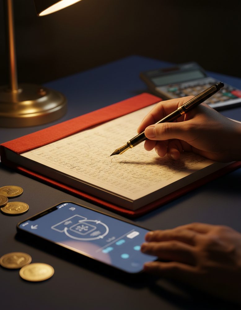 Hands writing in a red cloth-bound bahi-khata ledger next to a phone showing a payment app